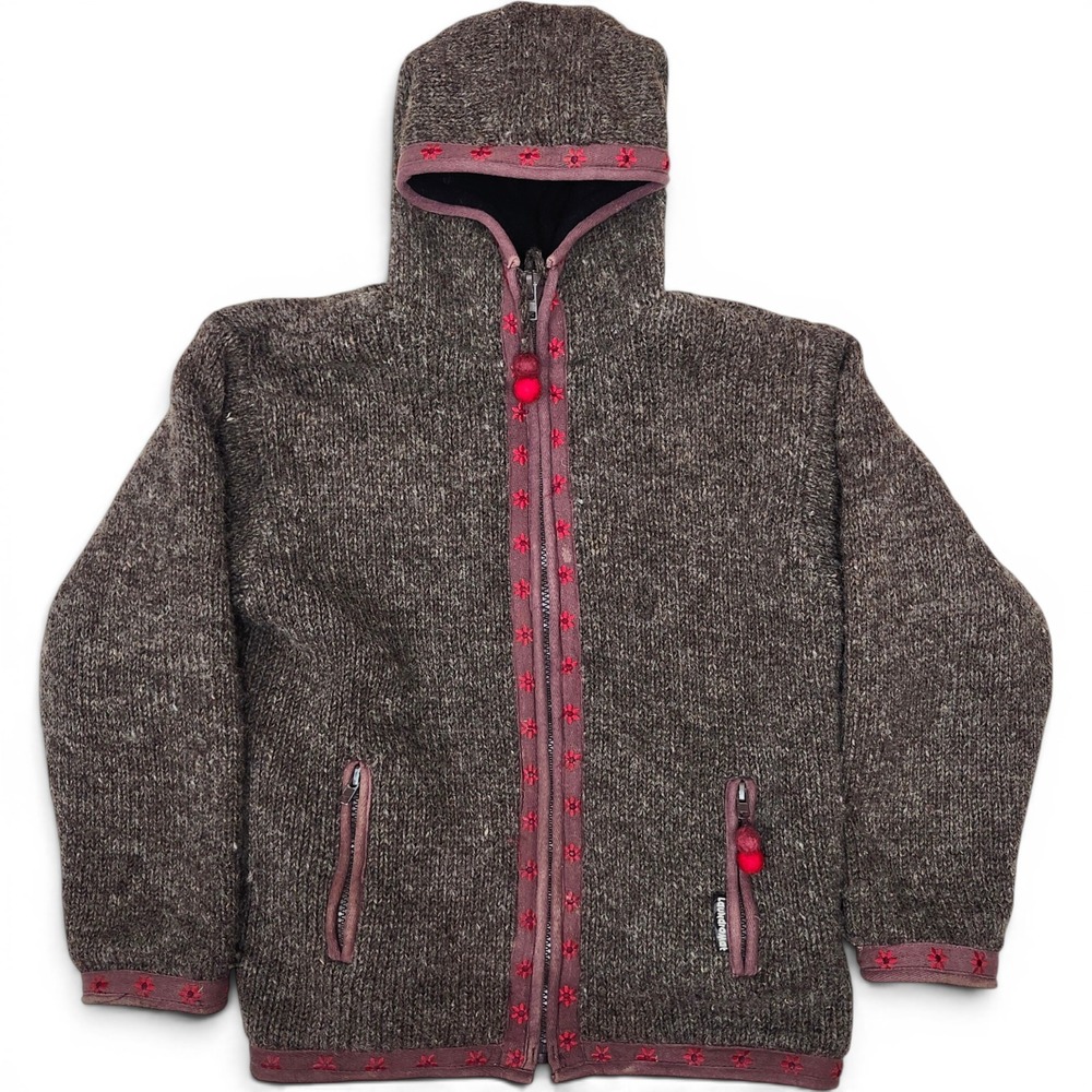 Laundromat 100% Wool Floral Embroiderd Boho Lined Zip Sweater Jacket Nepal M